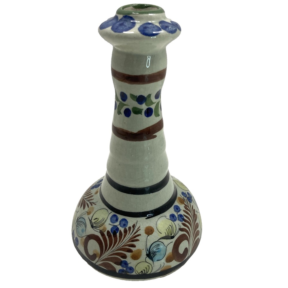 Vtg Folk Art Floral Mexican Tonala Pottery Candle Stick Holder‎ Signed 6 3/8"